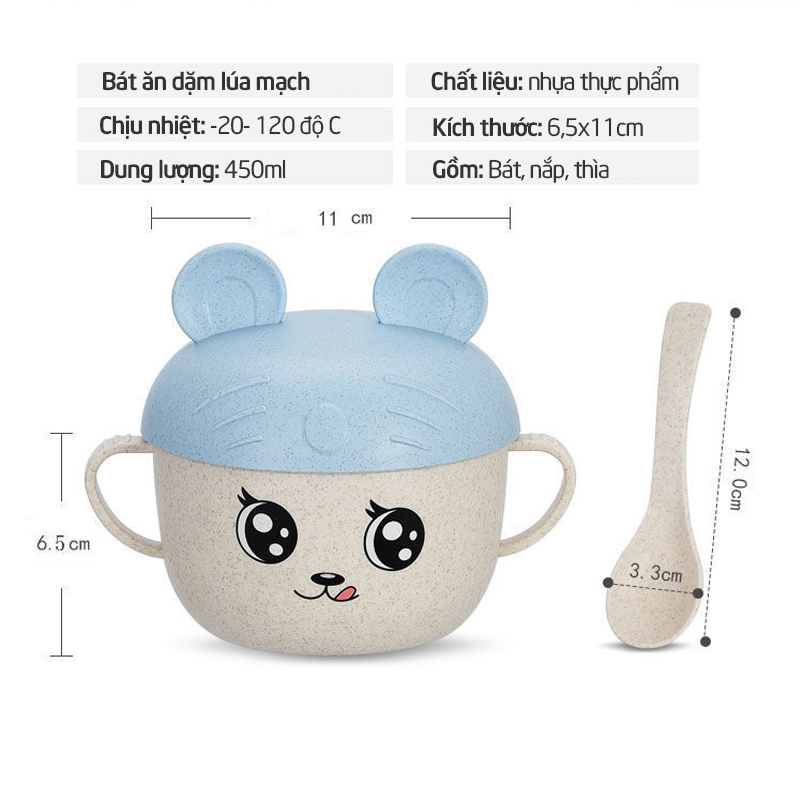 Bát ăn dặm lúa mạch cho bé có nắp đậy kèm thìa - HENRYSA