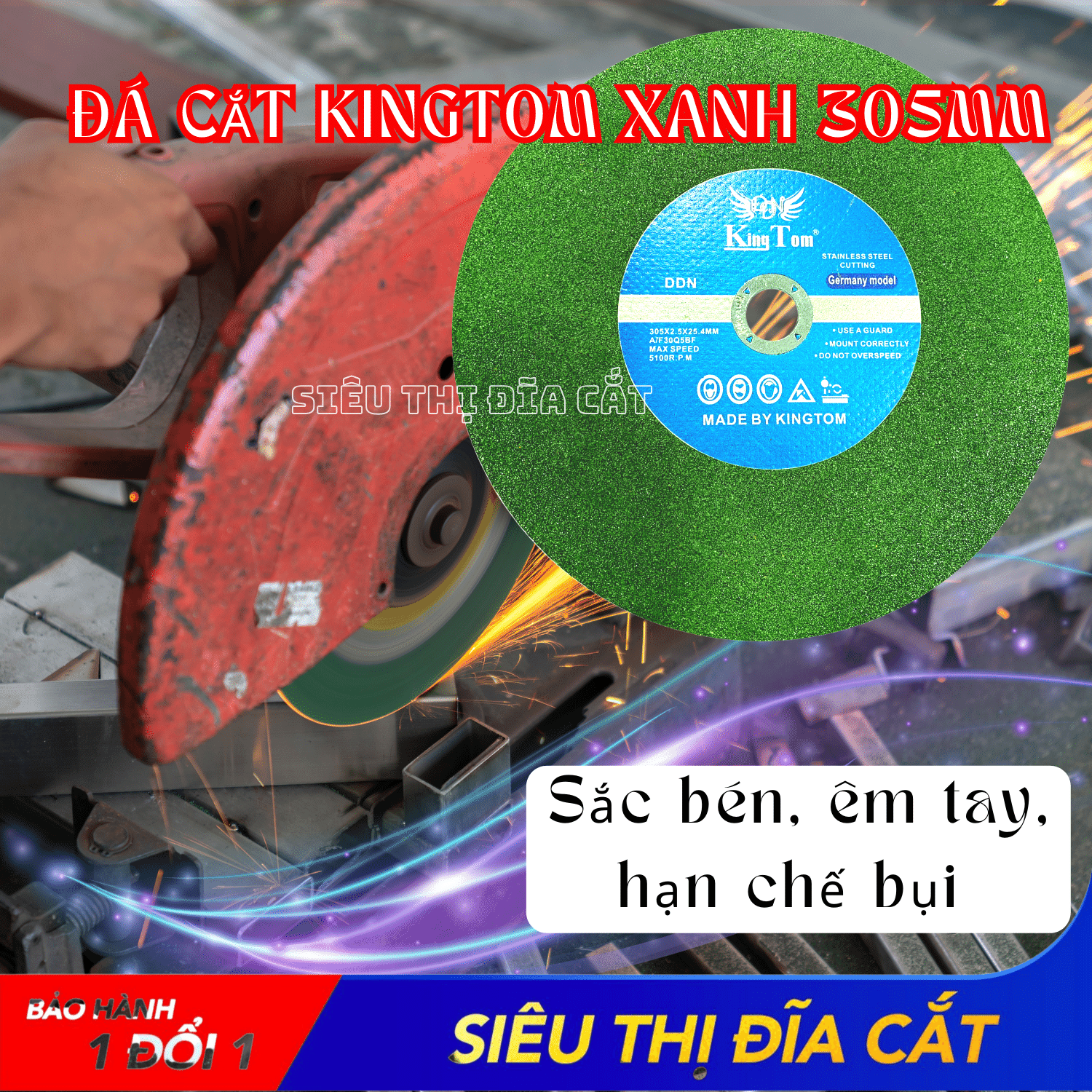 Đá Cắt KingTom Xanh 305x2.5x25.4mm - Lẻ 5 Viên - Sắc Bén, Êm Tay, Hạn Chế Bụi
