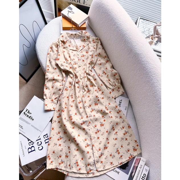 ĐẦM MIDI HOA NHÍ CỔ SƠ MI BO EO THANH LỊCH