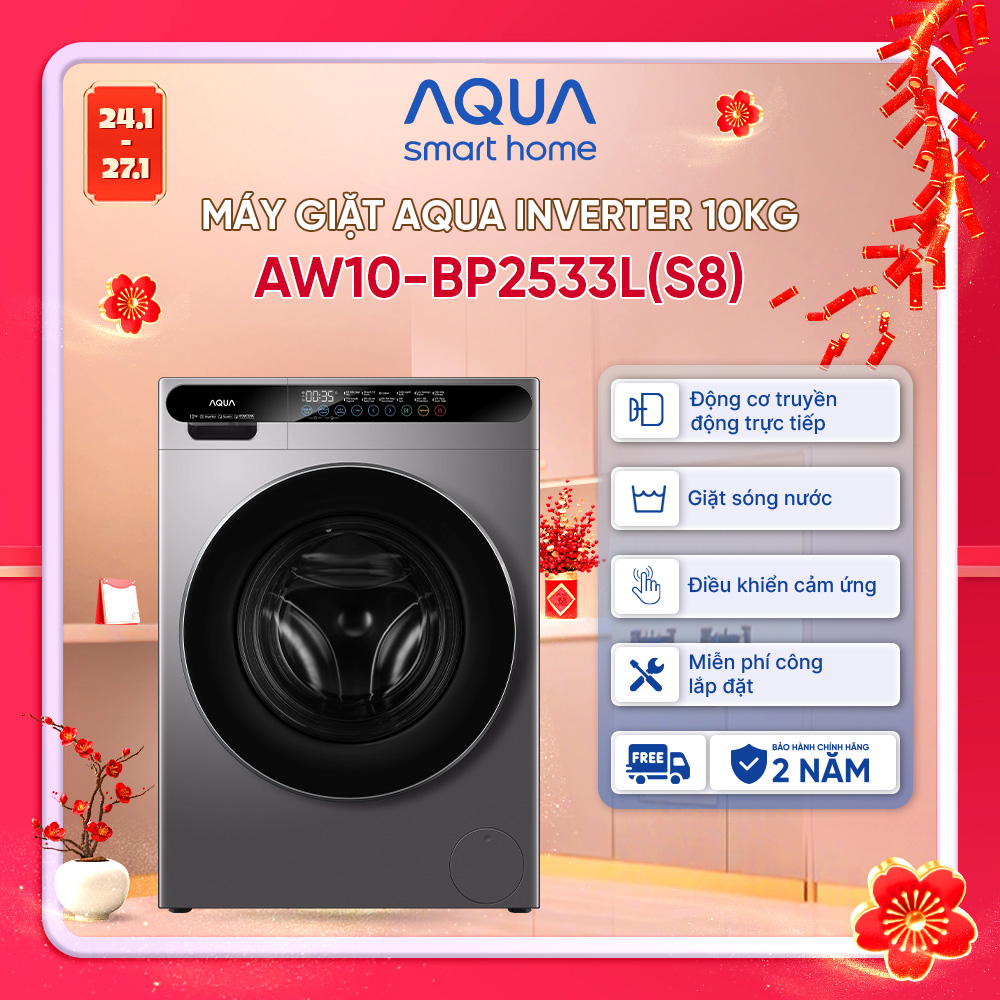 [SẮP RA MẮT 2026] Máy giặt cửa trước AQUA Inverter 10kg AW10-BP2533L(S8) - Bảo hành 2 năm - Freeship toàn quốc - Hàng chính hãng
