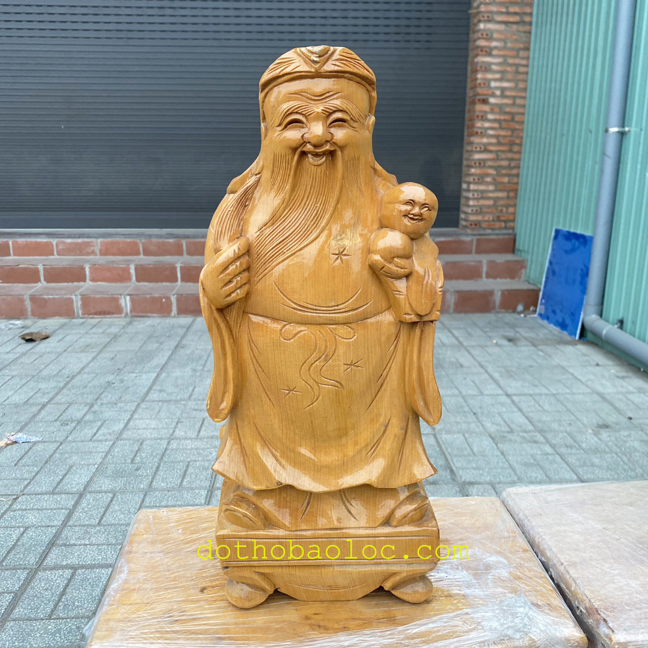 Tượng Phúc Lộc Thọ bằng gỗ Pơmu cầu bình an tài lộc cao 43cm
