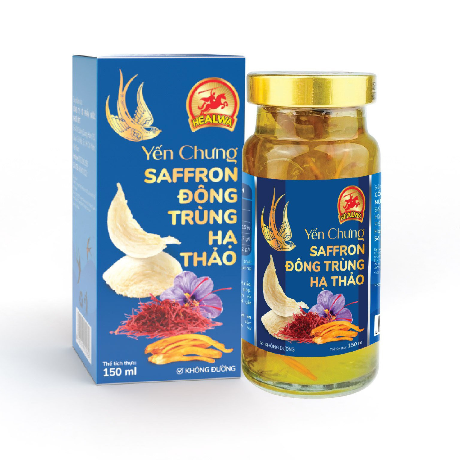 Yến chưng Saffron Đông trùng hạ thảo không đường Healwa (1 lọ x 150ml) với 15% yến nguyên