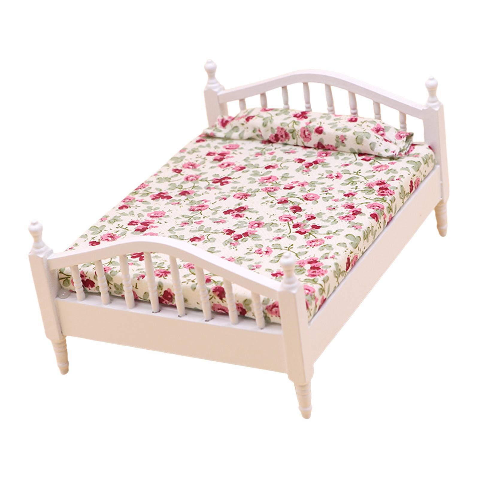 Dollhouse Miniature Bed Single Bed Model DIY Scene Model White and Pink