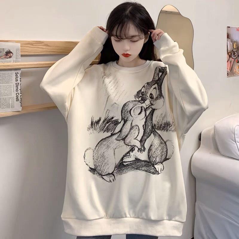 Áo Sweater Nỉ Hình Đôi Thỏ, Áo Thun Nữ Dài Tay Dáng Rộng In Hình Cute