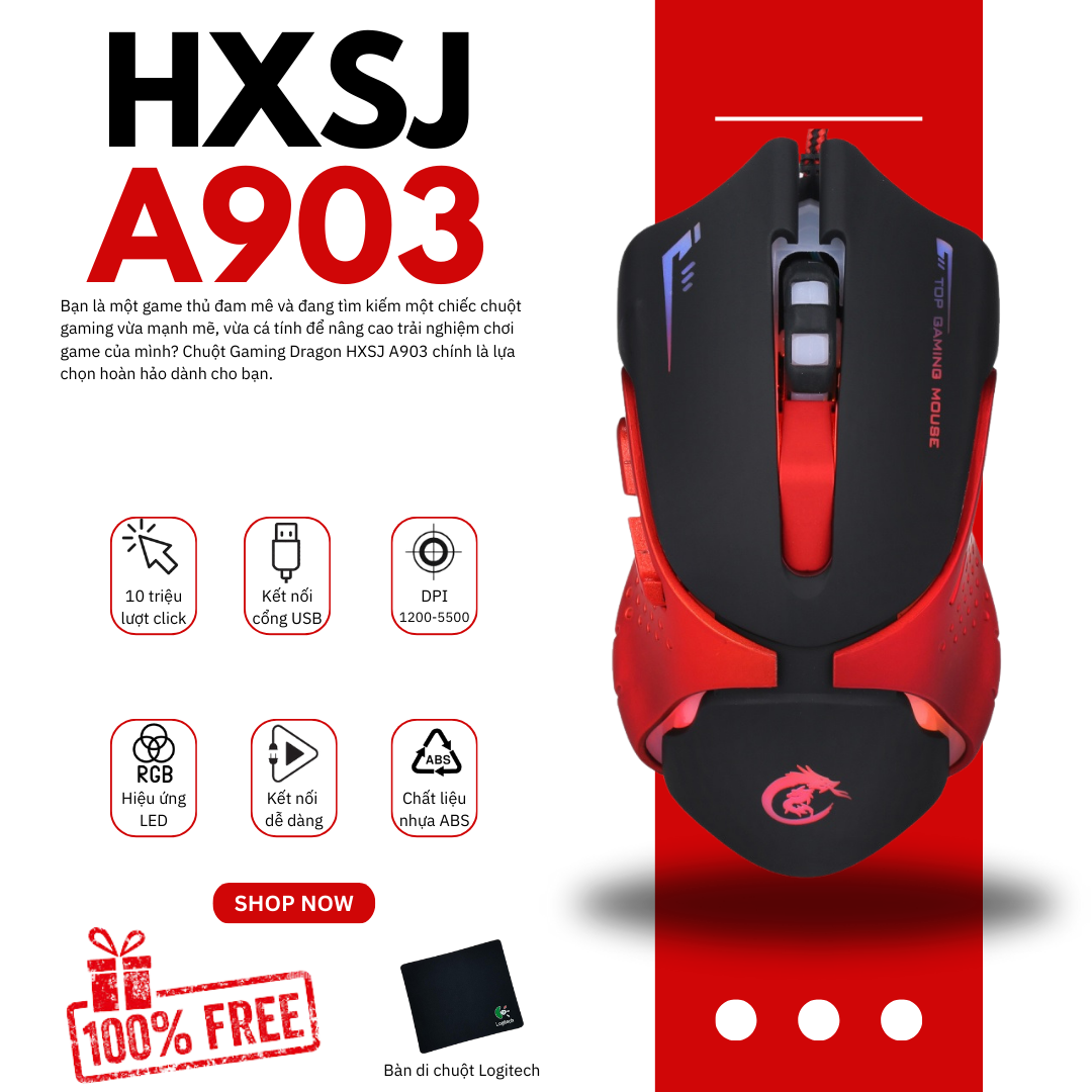 Chuột Gaming Dragon HXSJ A903 - Thiết kế hầm hố, DPI 3200, đèn LED đổi màu, cảm biến chính xác, bền bỉ, thoải mái khi sử dụng, hoàn hảo cho game thủ chuyên nghiệp. #ChuộtGaming #HXSJ #A903 #DPI3200 #ĐènLED #CảmBiếnChínhXác #BềnBỉ #ThoảiMái Hàng Nhập Khẩu