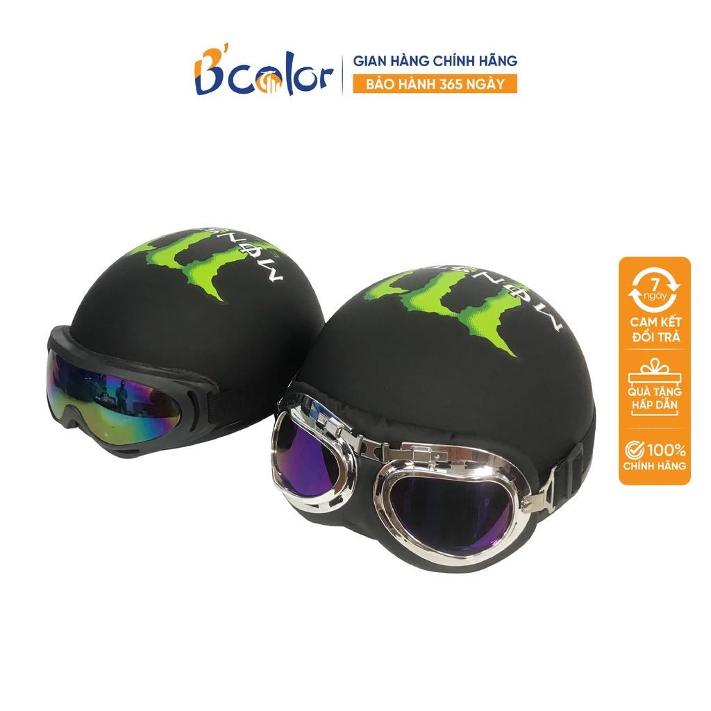 Mũ Bảo Hiểm B'color Loại Nửa Đầu Màu Đen Nhám Họa Tiết Monster Kèm Kính Thời Trang