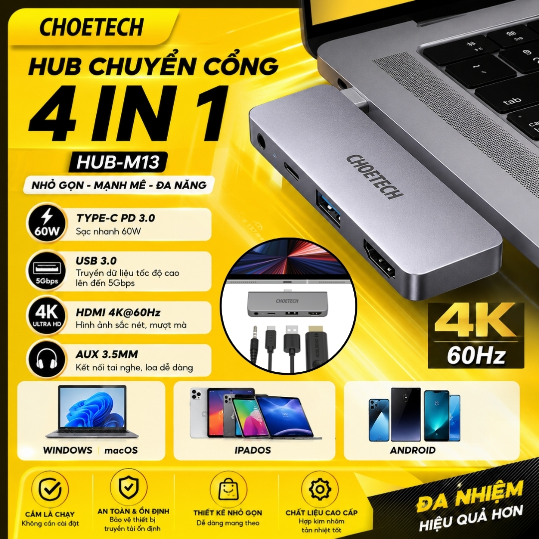 Hub Chuyển Cổng Type C 4 in 1 thông minh đa năng OMNIDOCK 4K PRO CHOETECH HUB-13 HDMI 4K@60Hz, PD Type C 60W USB 3.0 AUX 3.5mm Cho iPad Laptop MacBook - Hàng nhập khẩu