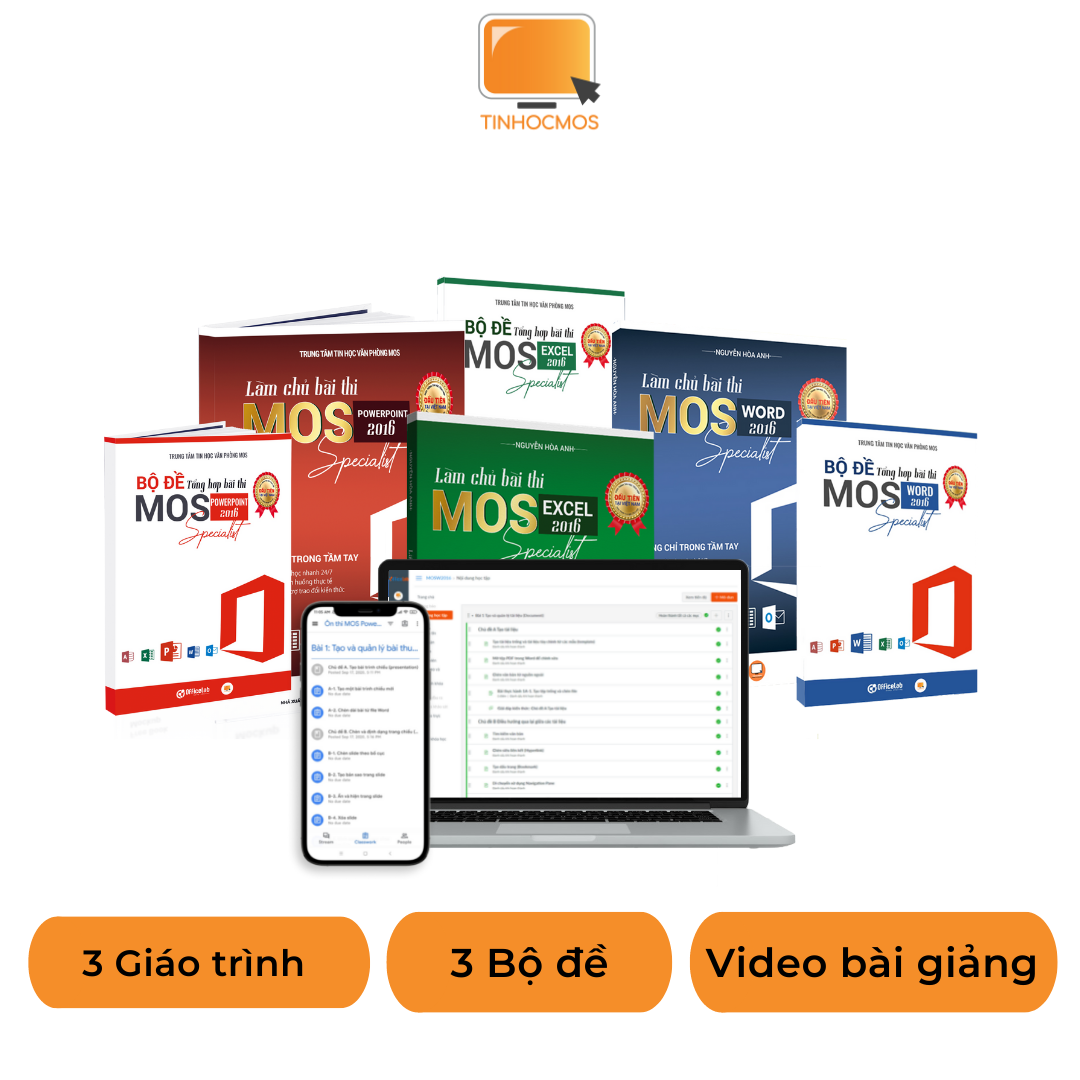 Sách - Combo Sách Ôn Thi 3 Môn MOS Excel, Word, Powerpoint 2016 Specialist, Ứng dụng tin học văn phòng cơ bản - tinhocmos - Trọn bộ