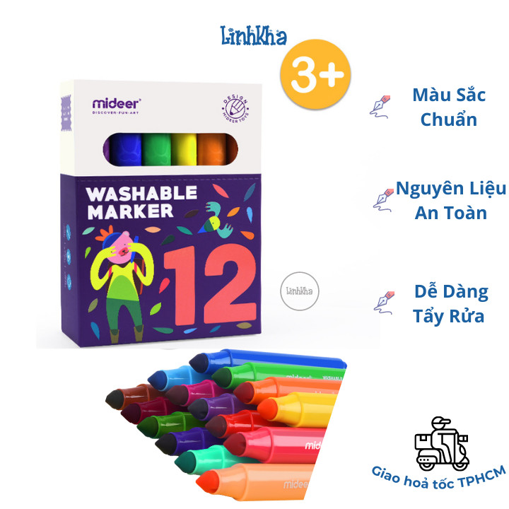 Bút Lông Màu Nguyên Liệu An Toàn Dễ Dàng Tẩy Rửa hiệu Mideer 12 màu - Mideer washable marker