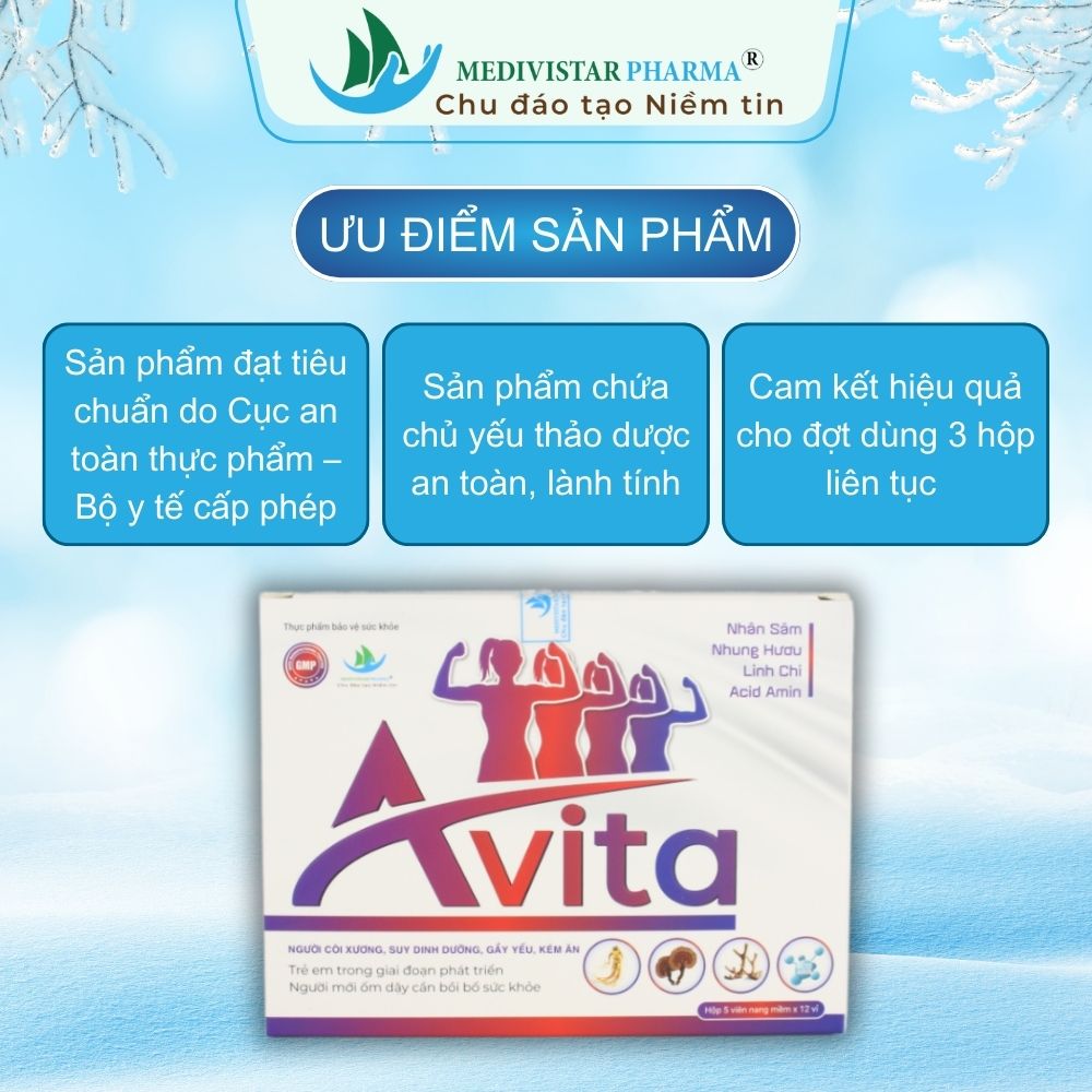 Tăng cân AVITA Medivistar Pharma (Liệu Trình 3 Hộp) cho người gầy yếu, không tích nước, hộp 60 viên