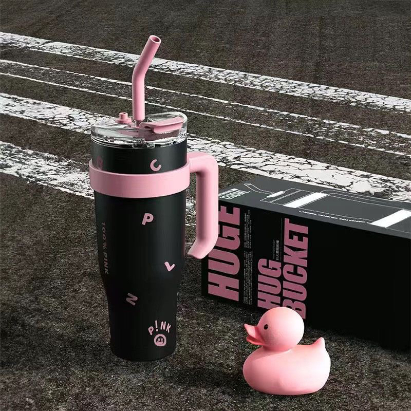 Cốc Giữ Nhiệt Inox 304 Dung Tích 1200ml, BLACKPINK Cốc Nước Đồng Màu Hồng Đen Kèm Ống Hút - Giao Màu Ngẫu Nhiên