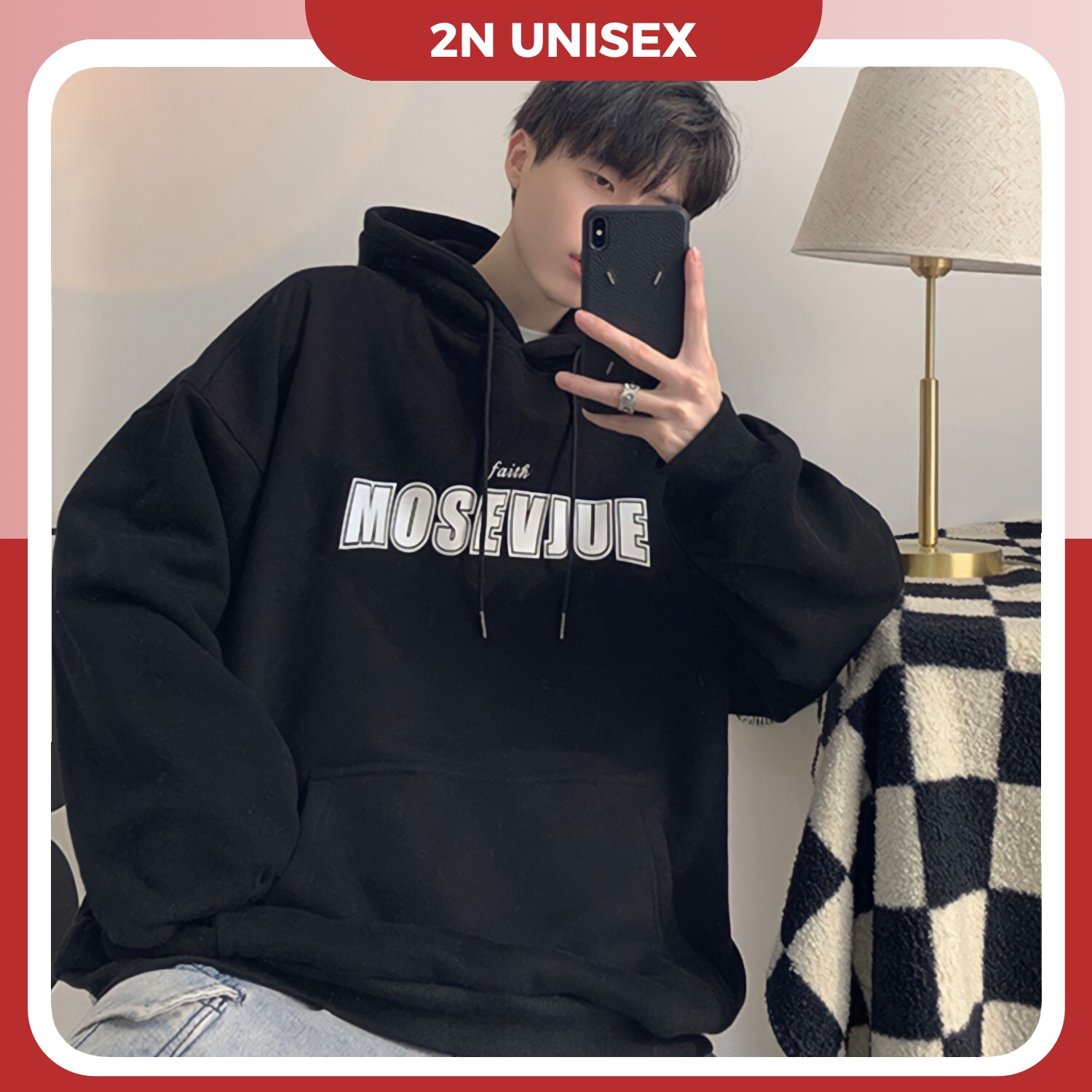 Áo khoác nỉ bông cotton dày mịn - hoodie form rộng unisex mosevjue - 2N Unisex - Đen