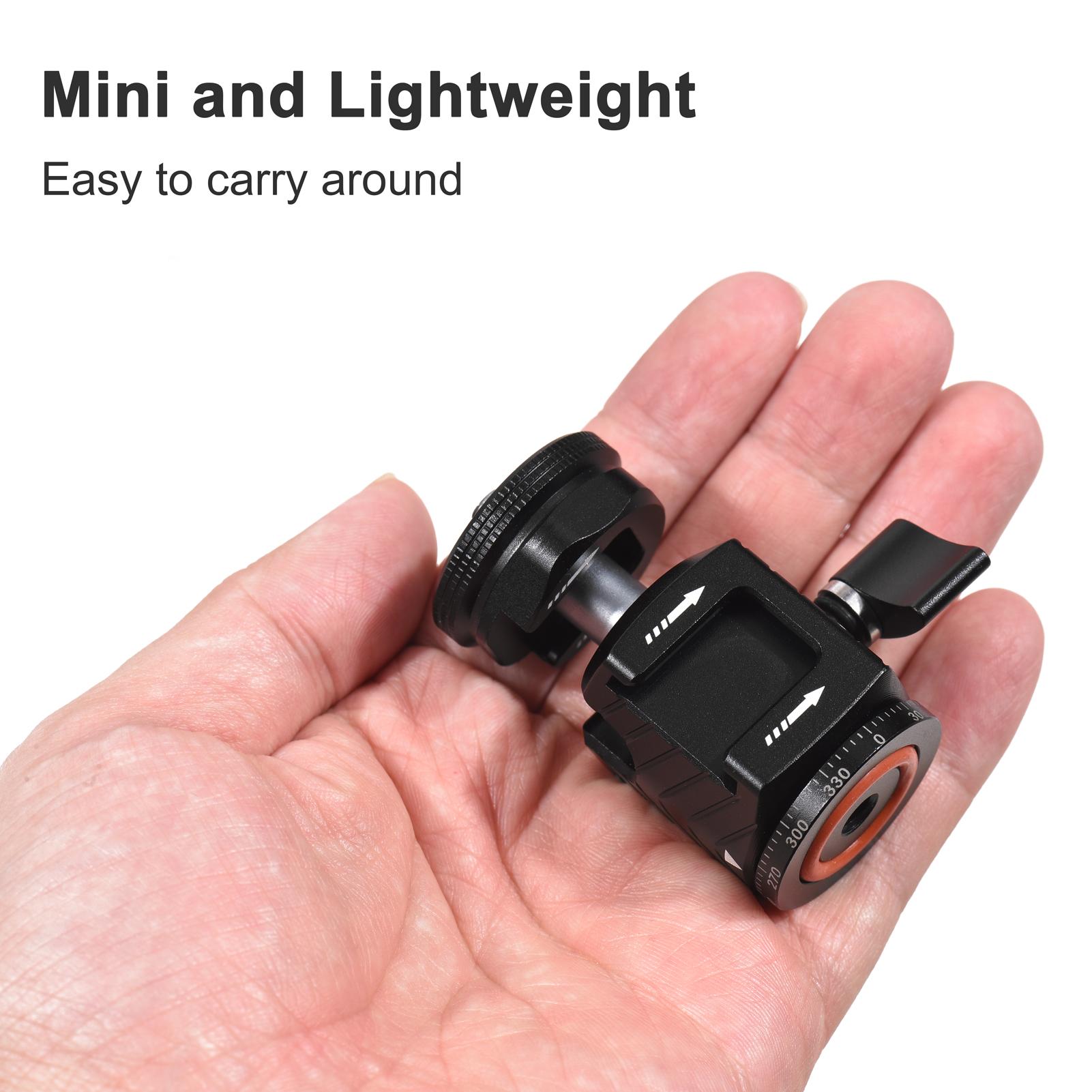 Multi-functional Mini Ball Head 360°Rotatable Aluminum Alloy Ballhead Adapter Tripod Head 1/4 Inch Screw and Cold Shoe Connection with Dual Side Cold Shoe Mounts for DSLR Camera LED Video Light Microphone
