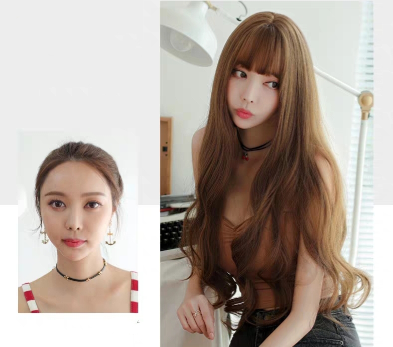 Tóc giả nữ nguyên đầu xoăn dài, tóc giả bộ cả đầu mái thưa