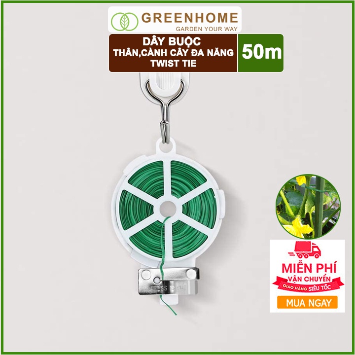 Dây Buộc Cành GreenHome, Dài 50m, Kẽm Bọc Nhựa, Tích Hợp Đầu Cắt Tiện Lợi, Cố Định Thân Cây, Làm Giàn Leo