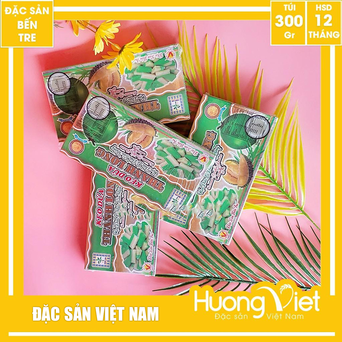 Đặc Sản Bến Tre - Kẹo Dừa Lá Dứa Sầu Riêng Thanh Long 300G, Kẹo Dừa Bến Tre Gia Truyền