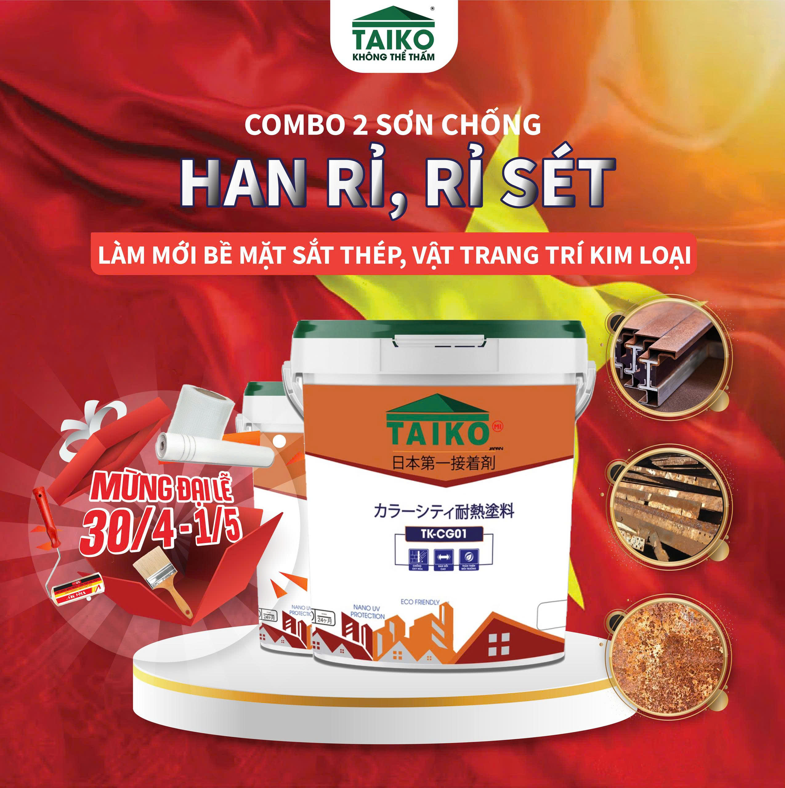 [10 Kg] Keo Sơn Chống Han Gỉ, Gỉ Sét, Chống Cháy TAIKO CG01 -Phù Hợp bề mặt Tấm Lợp, Lan Can, Cổng, Gầm Xe Thép