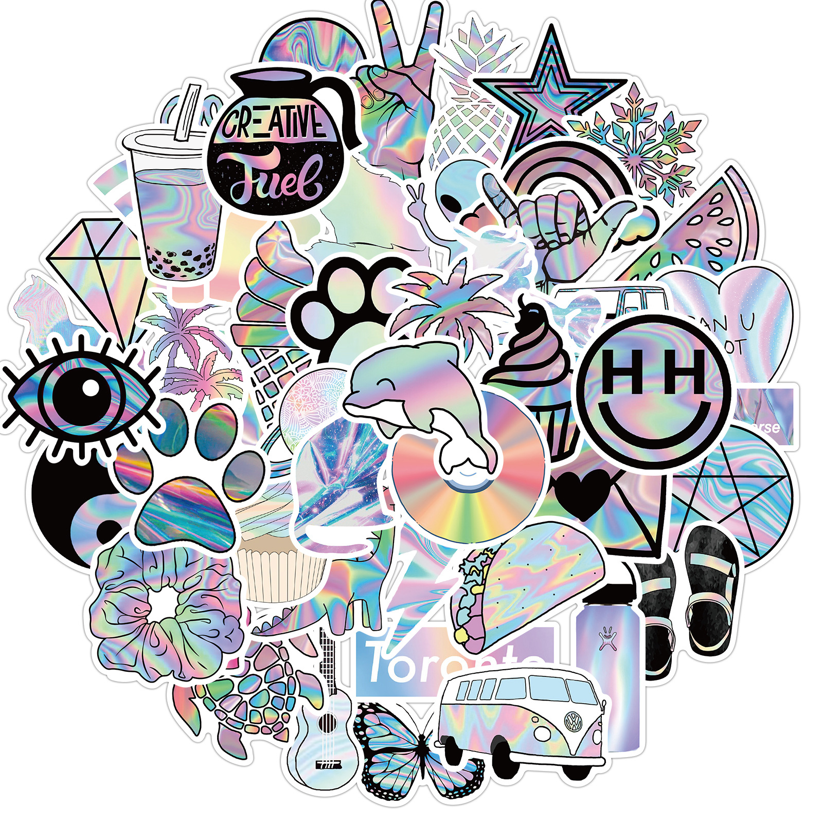 Bộ 20 sticker chống thấm nước trang trí mũ bảo hiểm, đàn, guitar, ukulele, điện thoại laptop, dán sticker macbook sticker chủ đề holographic