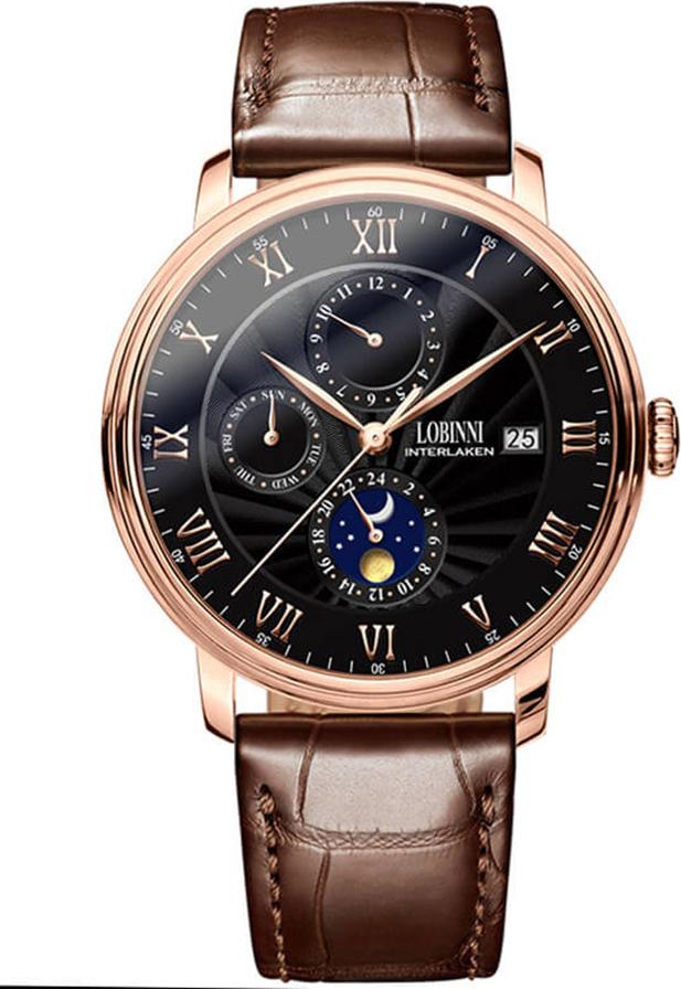 Đồng hồ nam chính hãng Lobinni L1023-2 Kính sapphire nguyên khối ,chống xước,chống nước 50m,mặt đen vỏ vàng hồng dây da nâu  xịn, thép không gỉ 316L,Đồng hồ cơ  ,BH 24 tháng, hàng mới 100%,thiết kế sun and moon trẻ trung và sang trọng