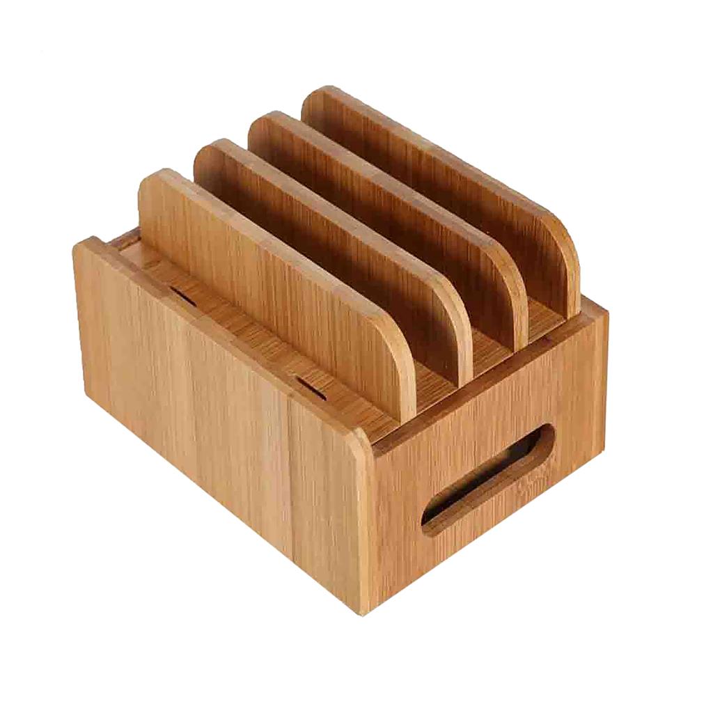 Cord Organizer, 4 Slots Bamboo Stand Multi-device Desktop Cords Organizer Dock Charging Station Holder with Built-in Insert Slots for Smartphones, Tablets and Laptops
