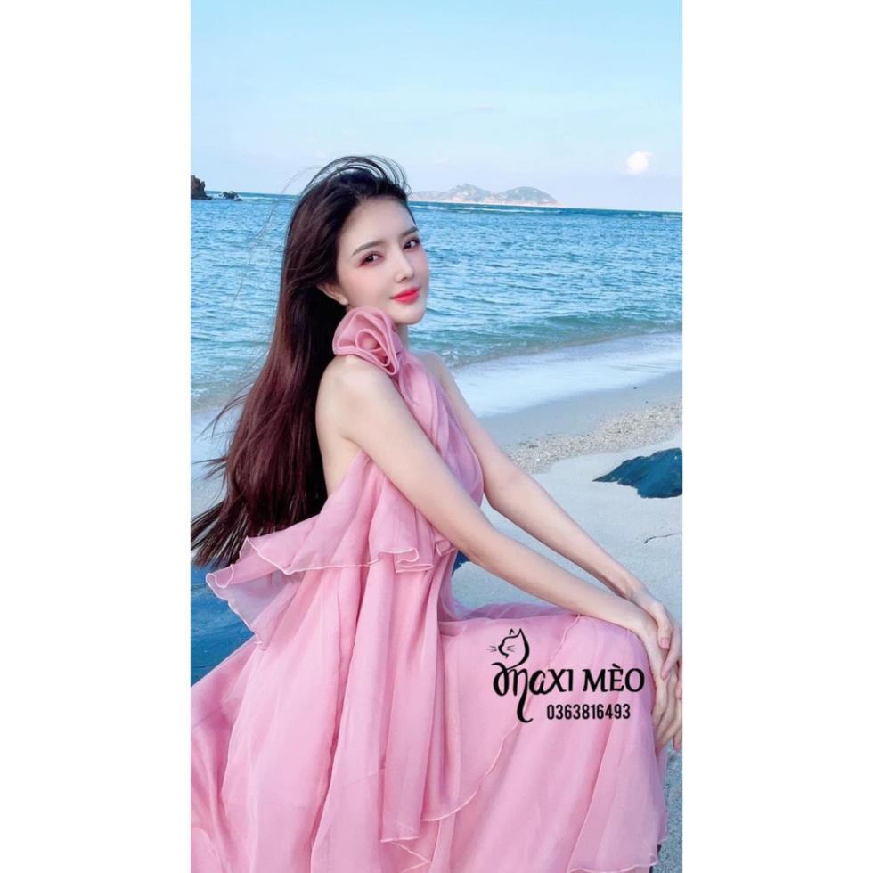 Đầm maxi voan tầng yếm hoa cổ
