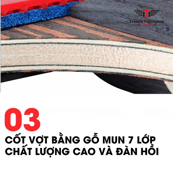 Vợt được cấu tạo gồm 7 lớp gỗ mun cao cấp