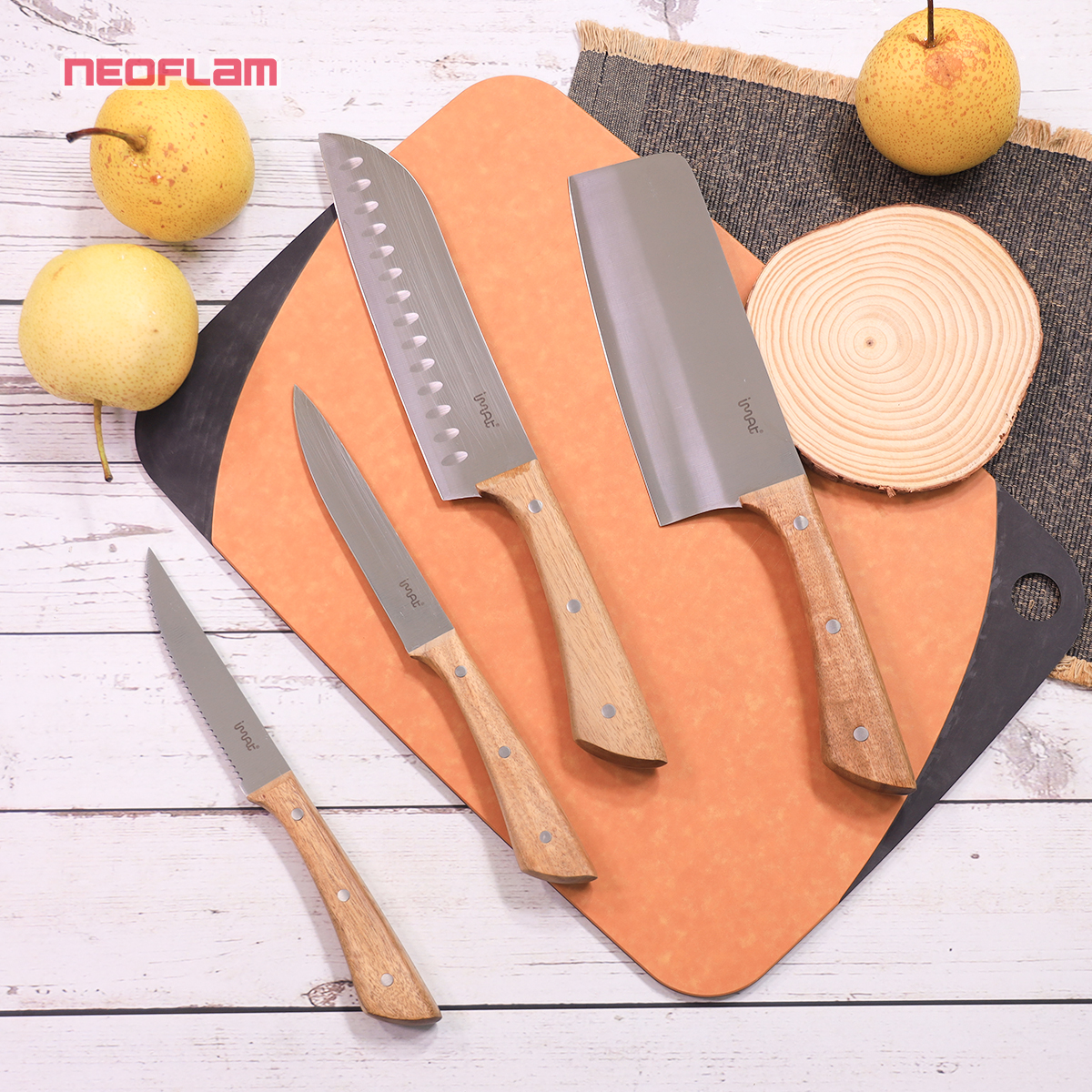 Bộ 4 Dao cán gỗ,lưỡi thép không gỉ iMat. Lưỡi thép 5CR15 sắc bén, bền bỉ. Cán gỗ tự nhiên sang trọng