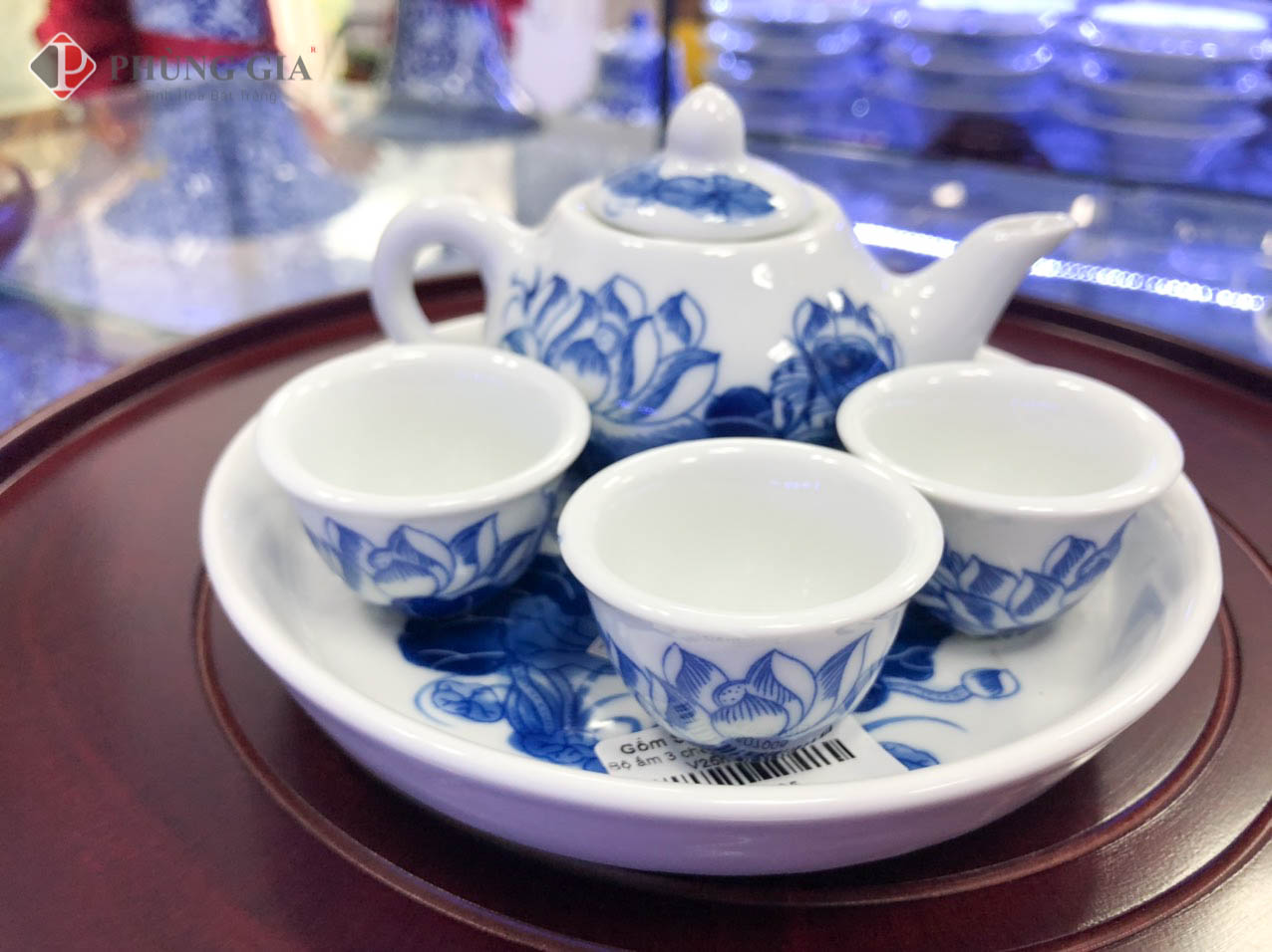 Bộ ấm trà 3 chén men Lam Trắng Trơn họa tiết SEN