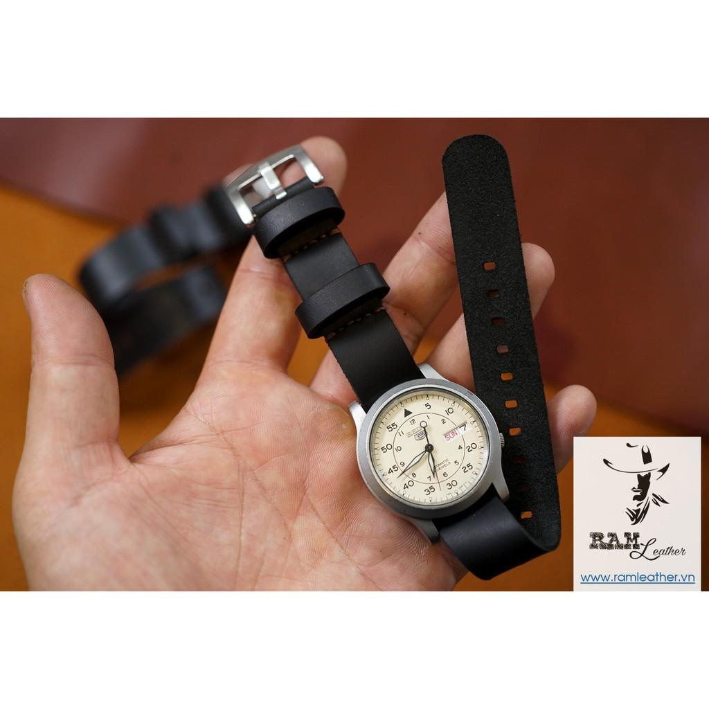 Dây đồng hồ Nato đơn đen tuyền da bò thật thanh lịch – Đủ size từ 18, 20, 22mm, Casio AE1200 ,Apple watch