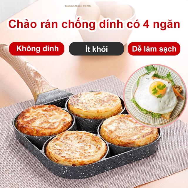 CHẢO CHIÊN 4 NGĂN ĐA NĂNG Chống Dính Cao Cấp, Chiên Trứng, Làm Bánh 4 IN 1, Tay Cầm Cán Gỗ Sang Trọng