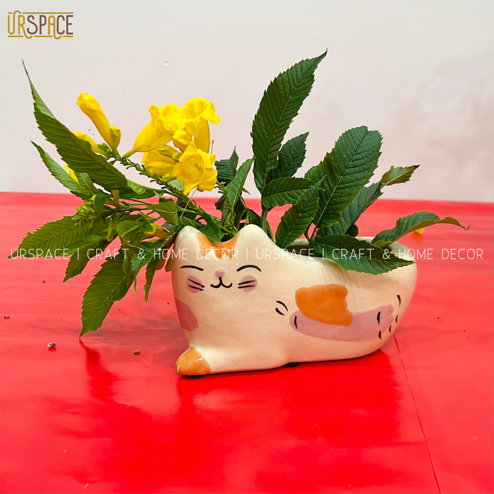 Chậu gốm trồng cây để bàn URSPACE trang trí decor hình mèo dễ thương