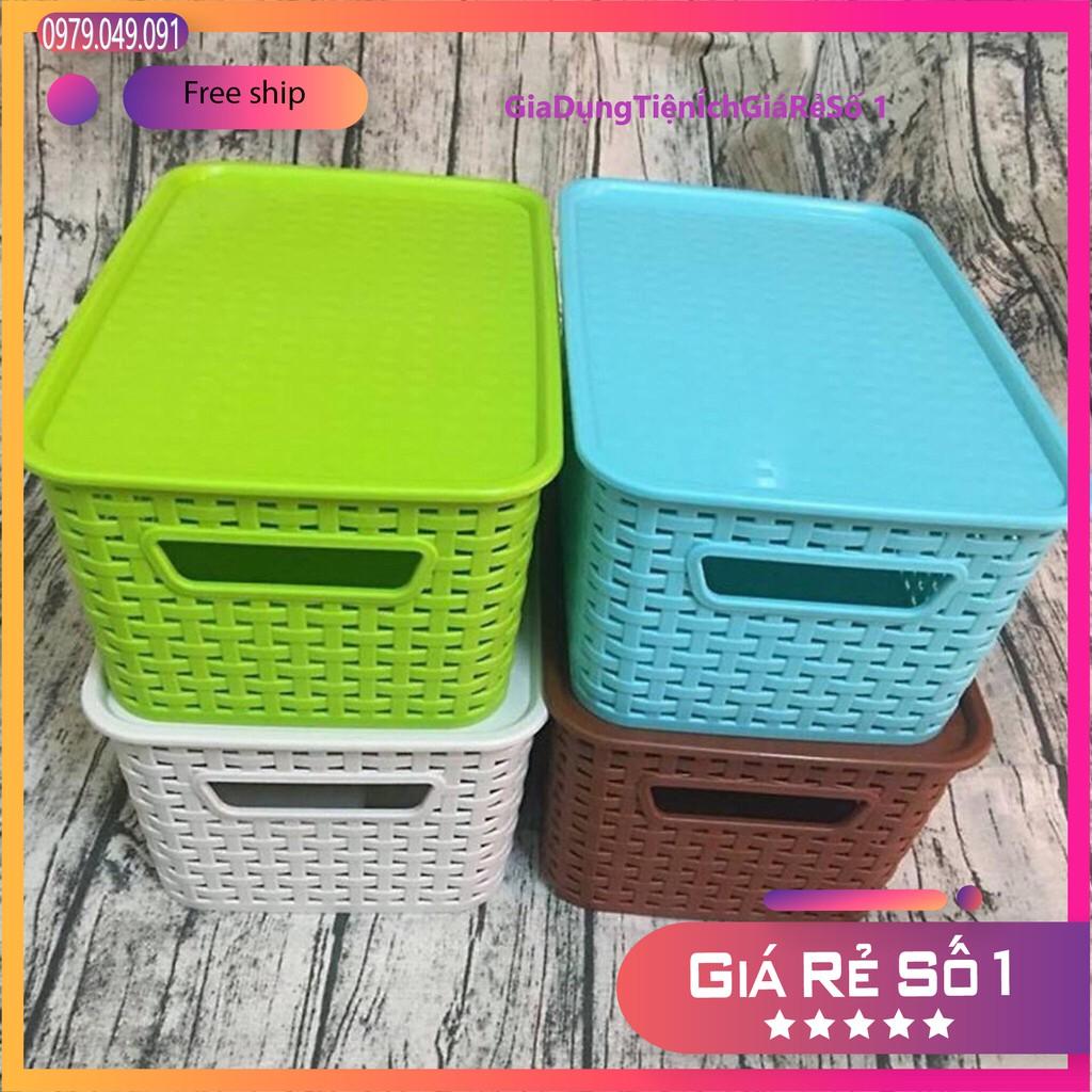 Combo 2 giỏ nhựa đan giả mây đựng đồ kiểu Hàn Quốc có nắp size đại