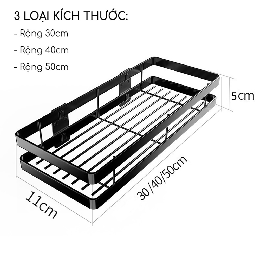 Kệ gia vị dán tường dài 30/40/50cm sơn đen tĩnh điện Vando chính hãng - kèm keo chuyên dụng kệ treo tường bằng thép carbon không gỉ, siêu chịu lực 30kg