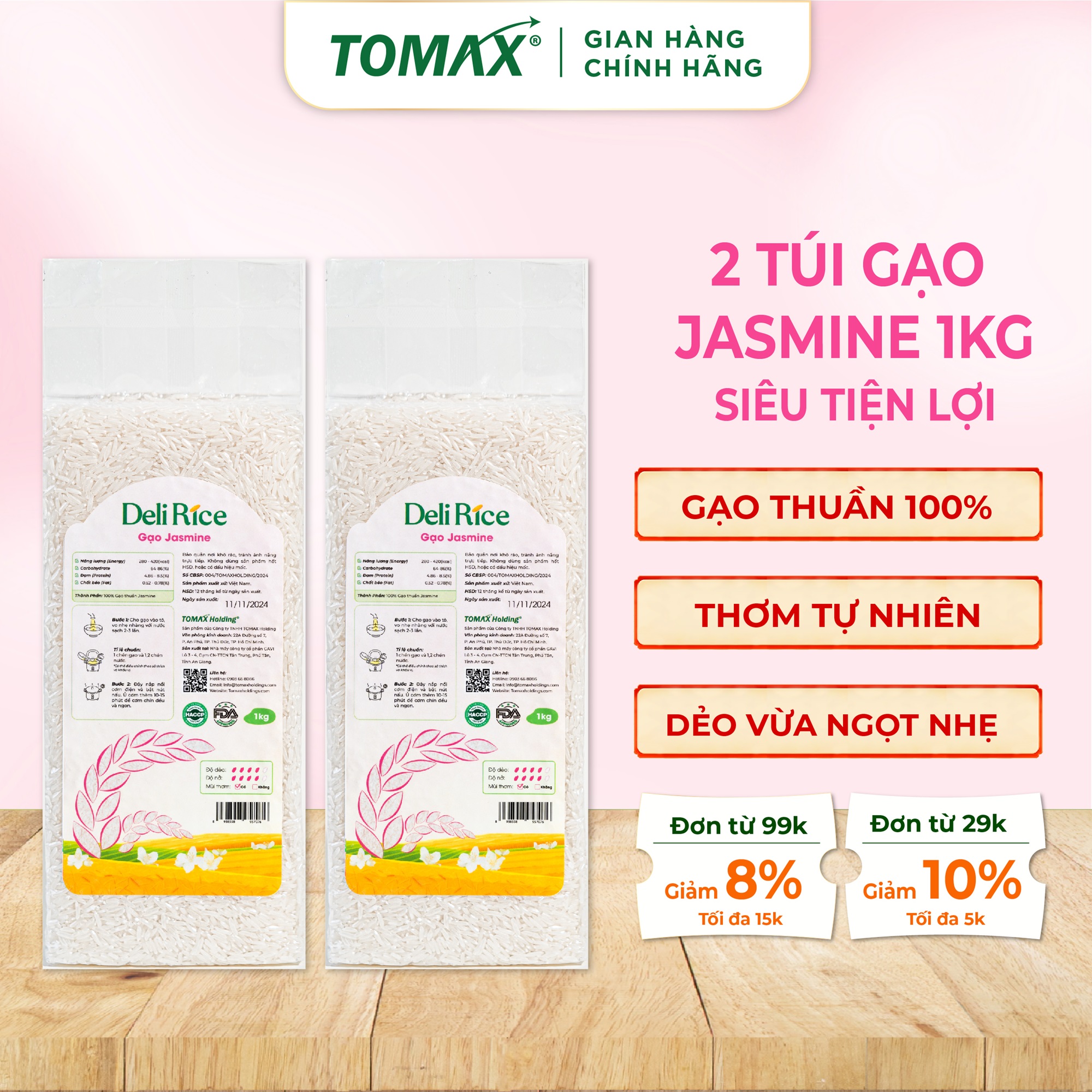 Combo 2 túi Gạo Jasmine thơm dẻo mềm 1kg TOMAX