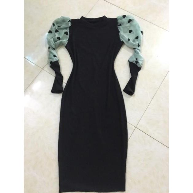 Váy thun gân tay voan tim