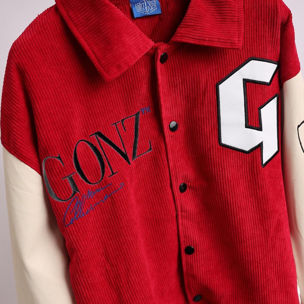 Áo Khoác Nhung Tăm Form Rộng Phối Tay Da Leather Seeve Jacket Varsity V16 - Màu Đỏ