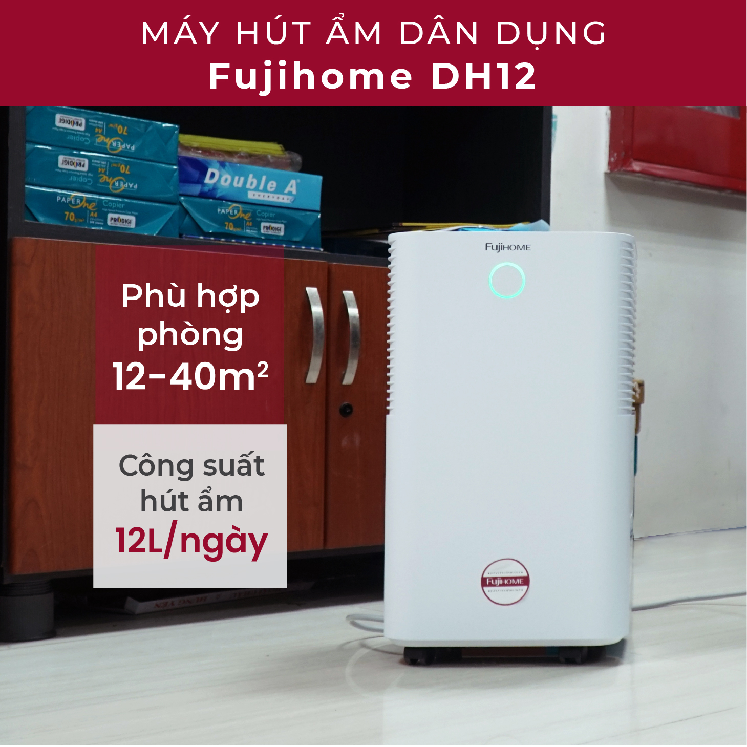 Máy hút ẩm lọc không khí 40M2 Fujihome DH12 12 Lít/ngày, màn LCD thông minh hiển thị % độ ẩm, Ionizer lọc sạch không khí- Hàng chính hãng