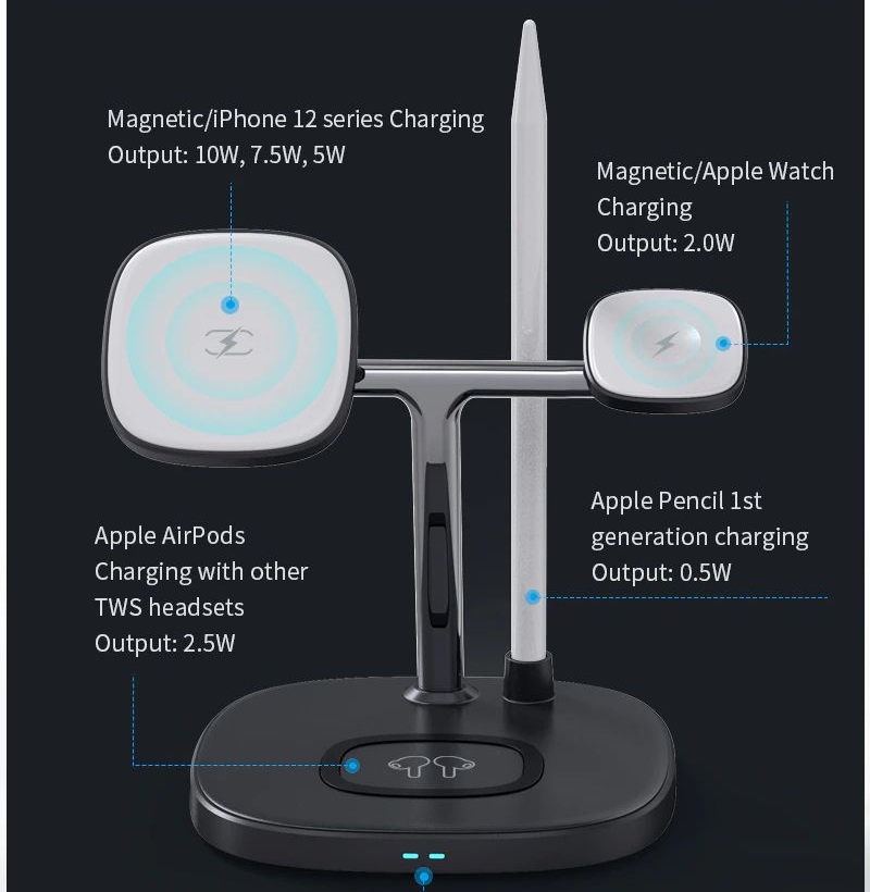 Đế sạc không dây sạc nhanh 15W 4 in 1 hỗ trợ sạc dành cho tai nghe / iWatch / Pencil / iPhone hiệu WIWU Power Air Wireless Charger M8 - hàng nhập khẩu