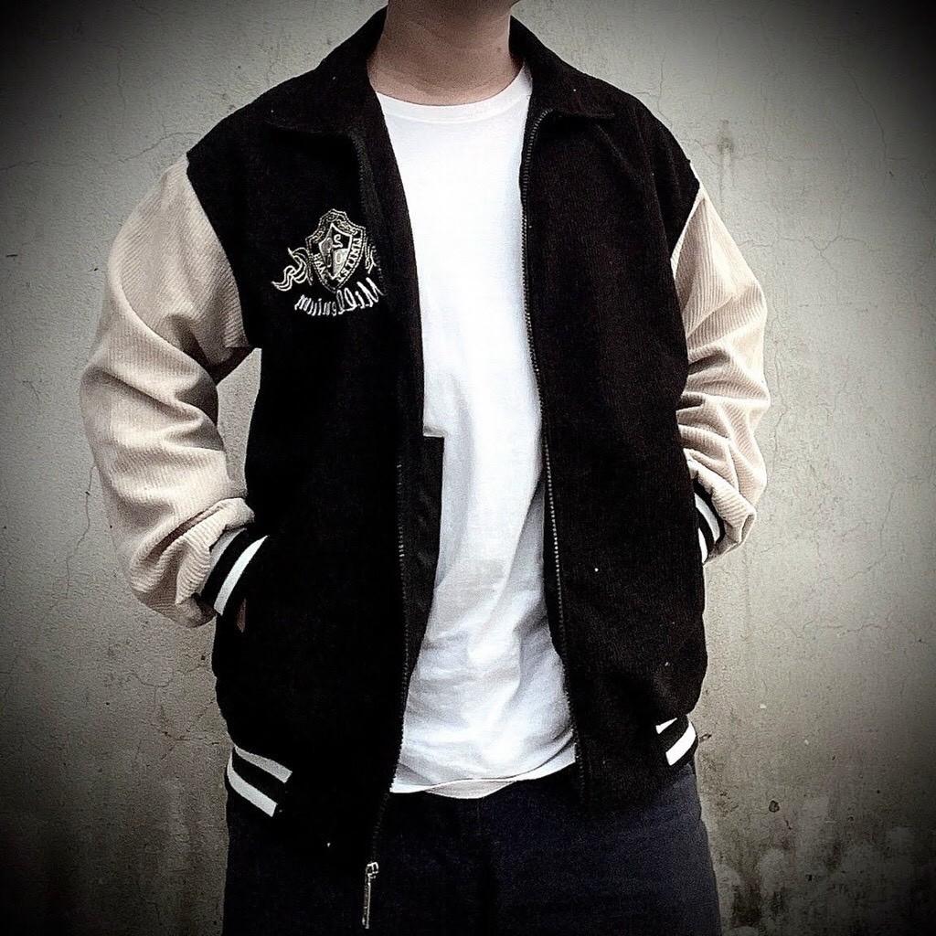 Áo Bomber Jackets/ Áo Khoác Nhung Gân Thêu Logo 2000 Cúc Bấm Unisex Nam Nữ Form Rộng Ulzzang