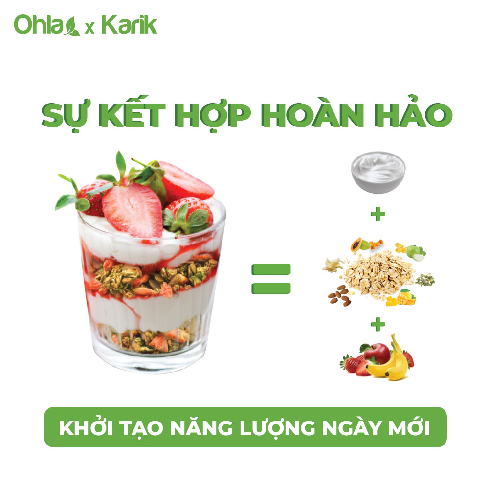 Ngũ cốc dinh dưỡng ăn sáng Oatmeal Karik x Ohla yến mạch, hạnh nhân, trái cây sấy dẻo 60g và 180g