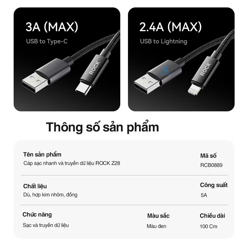 Dây cáp sạc ROCKSPACE Z28 sạc nhanh dây dù siêu bền, hàng chính hãng bảo hành 12 tháng