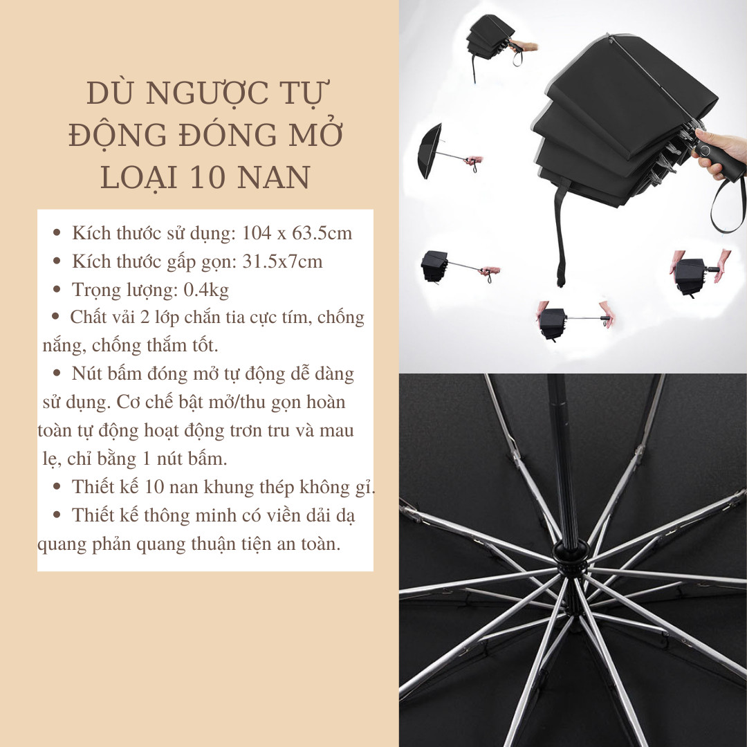 Ô Dù Thông Minh Gấp Ngược Đóng Mở Tự Động 10 Nan Bền Chắc Chắn Có Viền Phản Quang