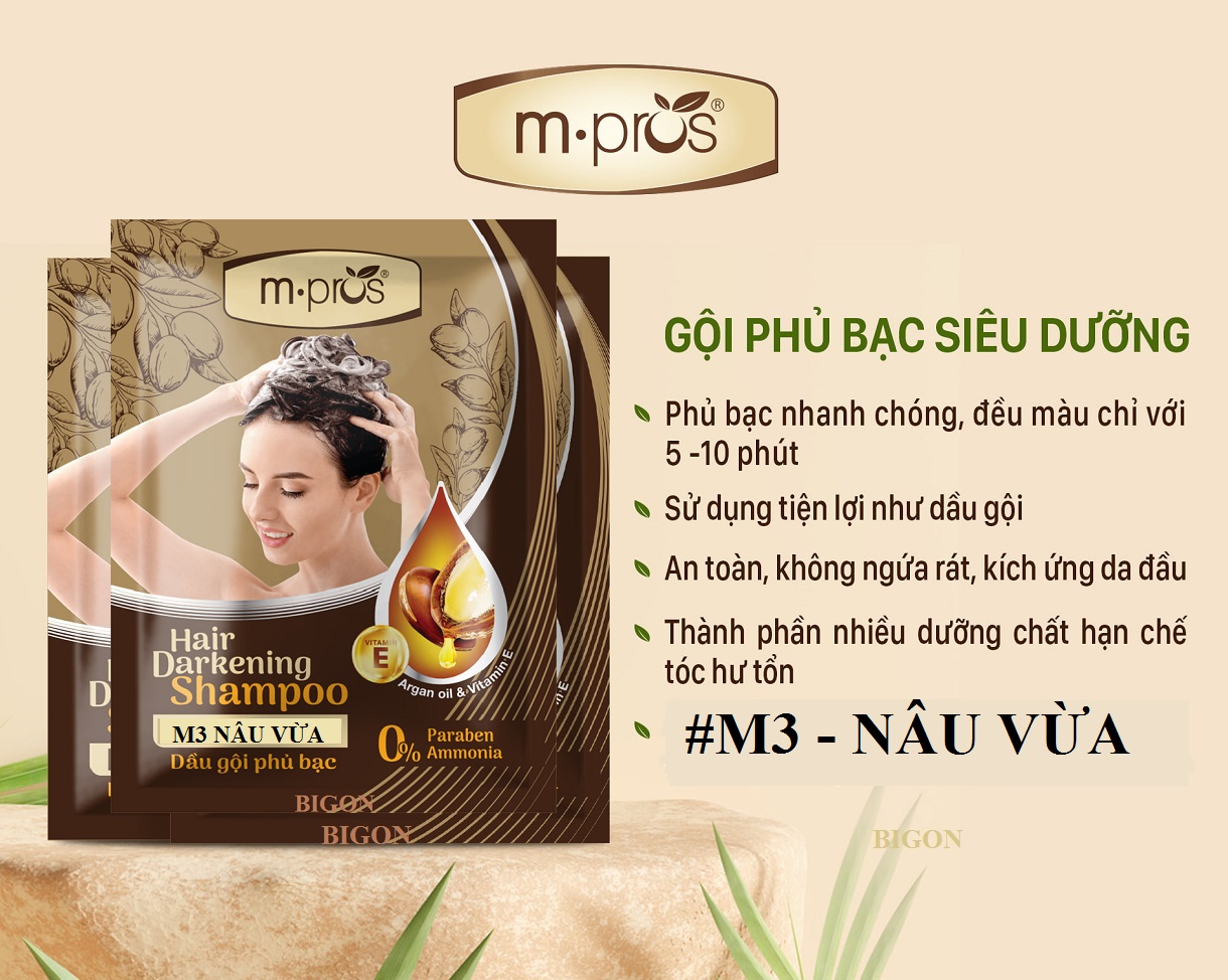 [Nâu Vừa] Dầu Gội Nhuộm Tóc Nâu Vừa Phủ Bạc 100% Thảo Dược Siêu Dưỡng M.PROS 25ml - M3