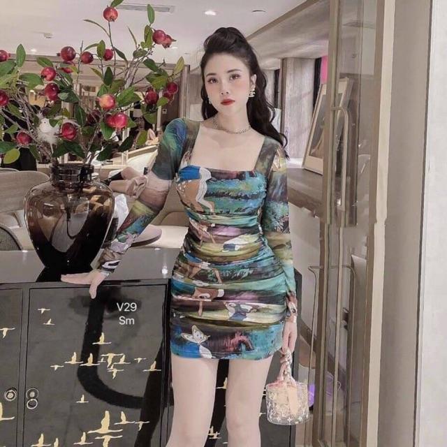 Đầm body thun dẻo hoạ tiết 3D cổ vuông tay dài sexy sang chảnh