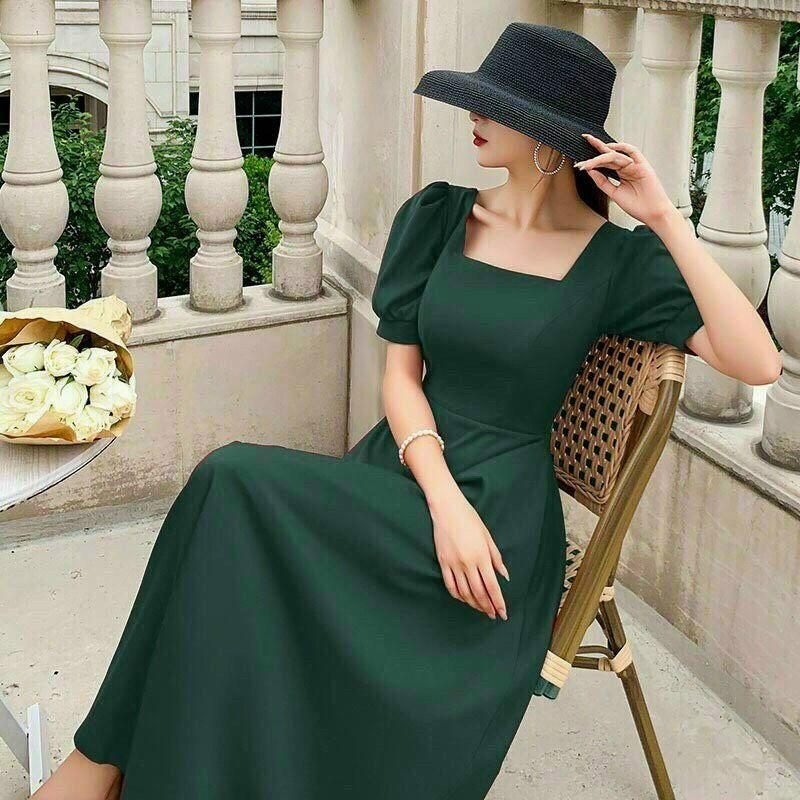 Đầm Maxi Xanh Cổ Vuông Tay Phồng