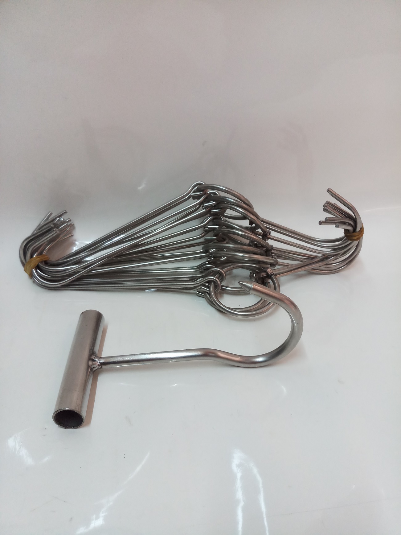 COMBO 10 MÓC QUAY THỊT INOX ĐẦU BẰNG +1 MÓC CÁN CẦM INOX.