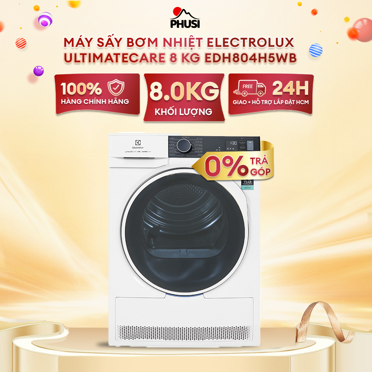 Máy Sấy Bơm Nhiệt Electrolux Heat Pump UltimateCare 500 EDH804H5WB 8kg - Giảm phai màu, bảo vệ sợi vải, bảo vệ áo quần khỏi sấy khô quá mức [Hàng chính hãng]