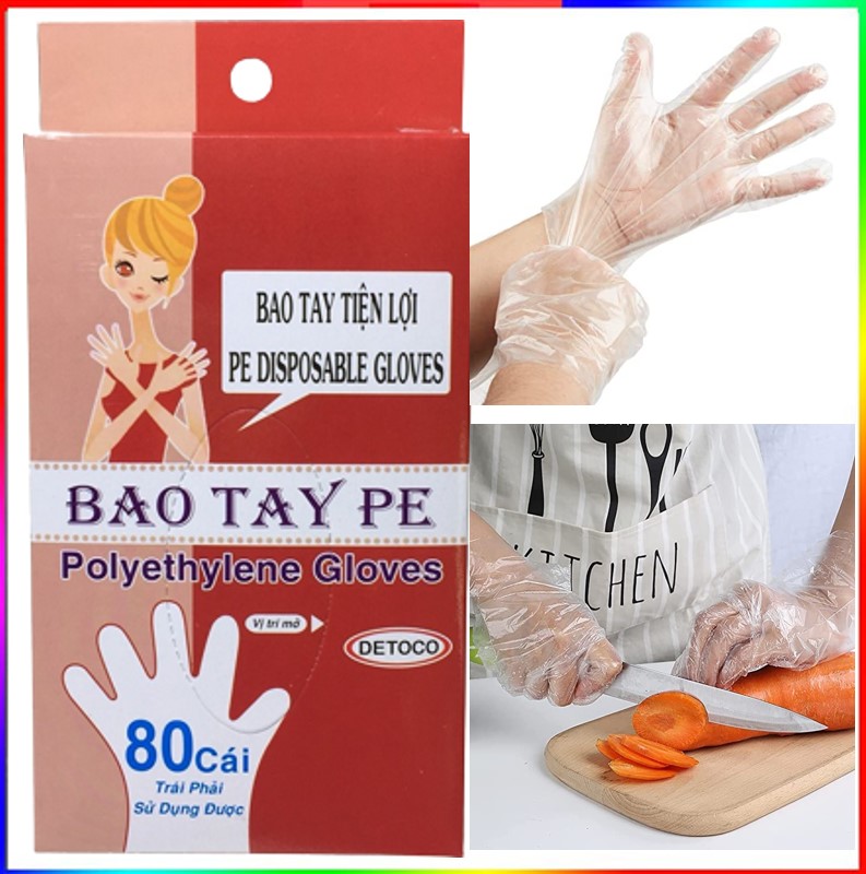 Combo 2 hộp bao tay Detoco chế biến thực phẩm, dược phẩm, phòng thí nghiệm, Y tế, nhựa PE chính phẩm 80 cái/hộp.