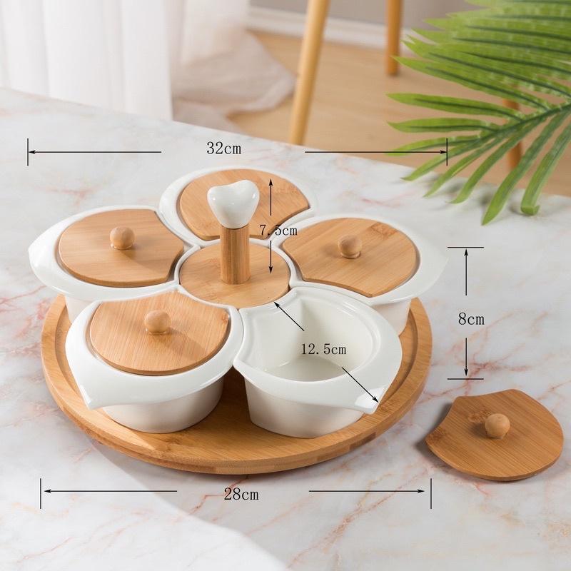 Khay mứt Tết bông hoa, Khay đựng mứt kẹo đế xoay hũ sứ nắp gỗ