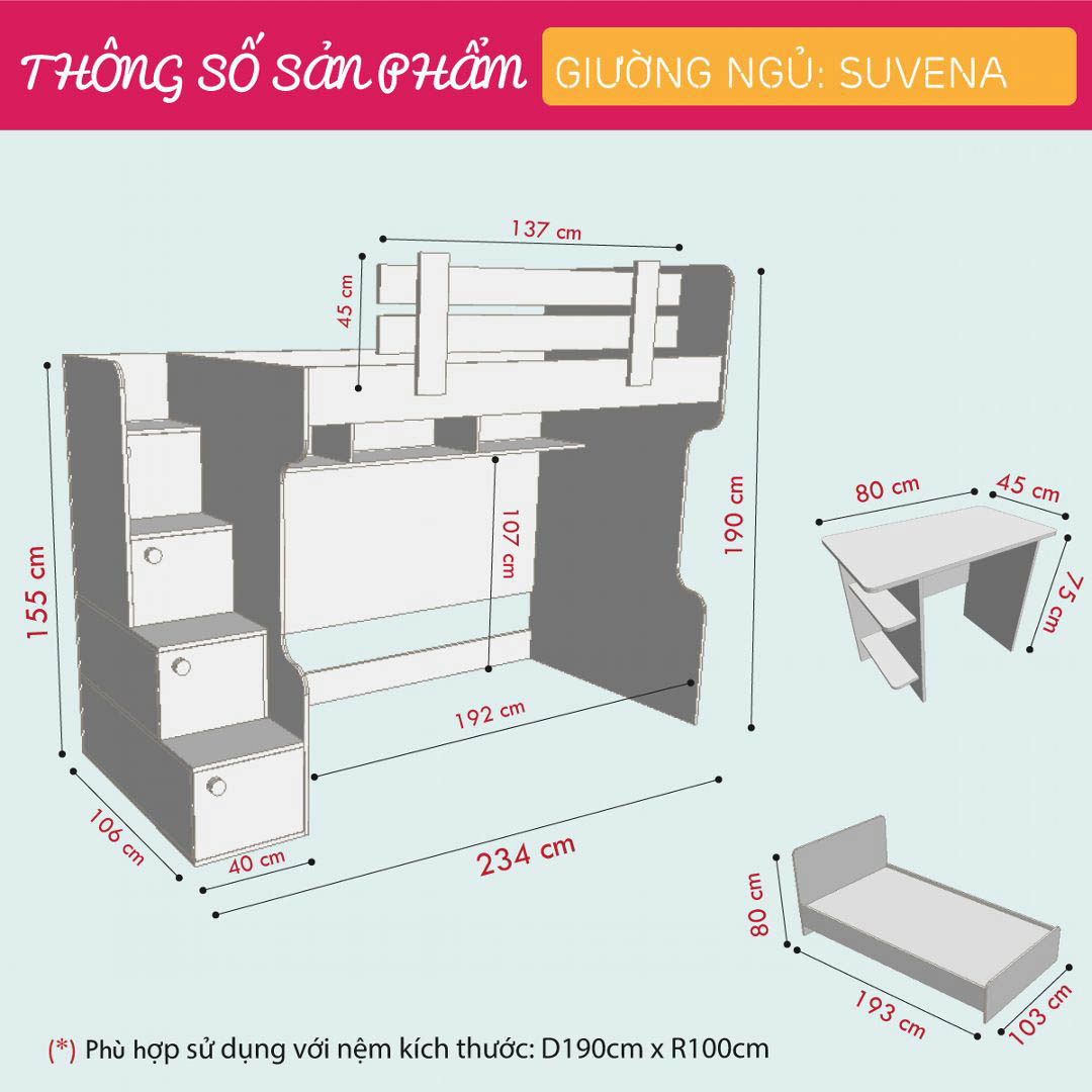 Giường tầng gỗ hiện đại cho bé SMLIFE Suvena  | Gỗ MDF dày 17mm chống ẩm | D234xR106xC190cm